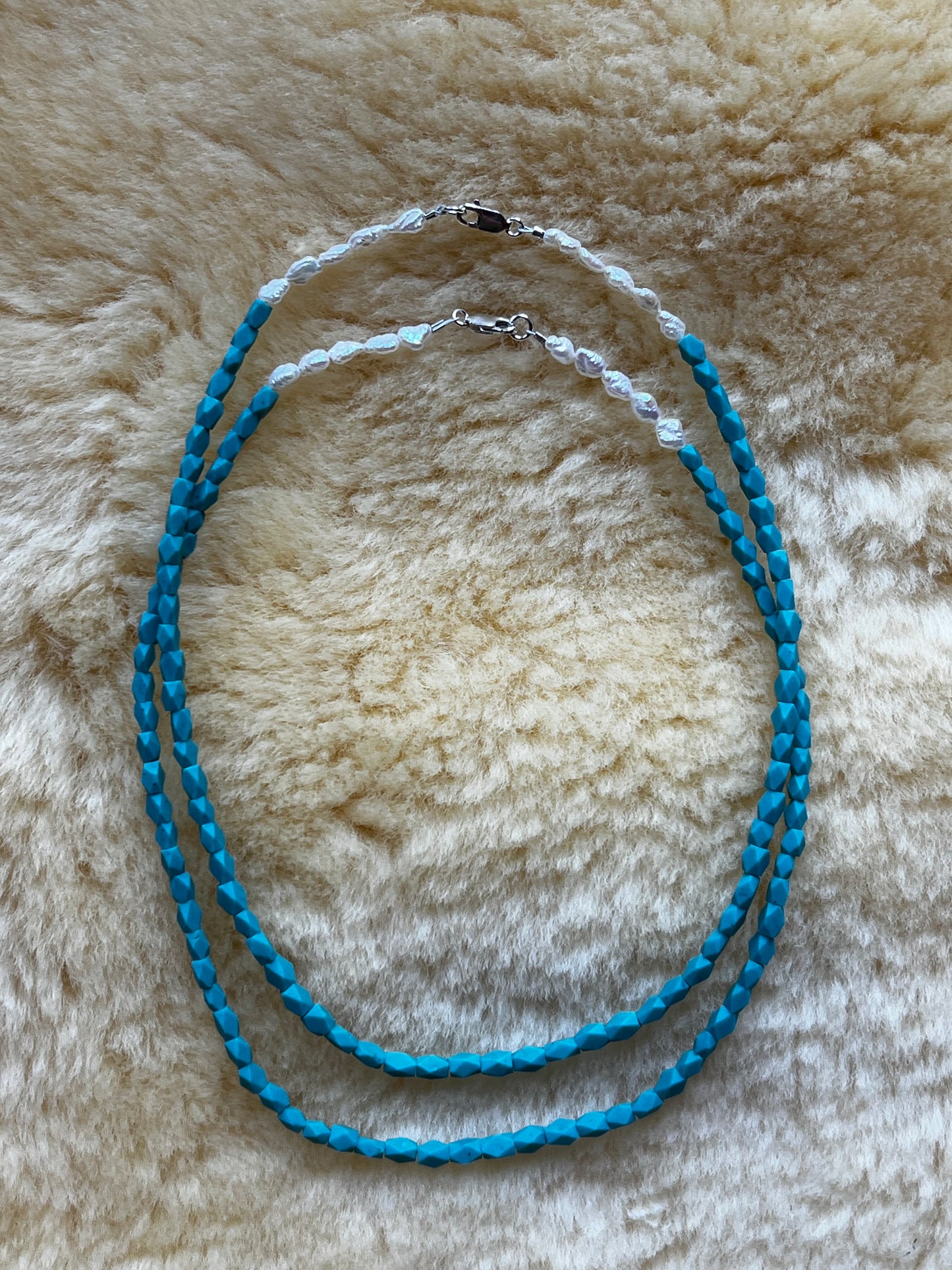 Faceted Blue Afghan Turquoise/Freshwater Pearl Choker