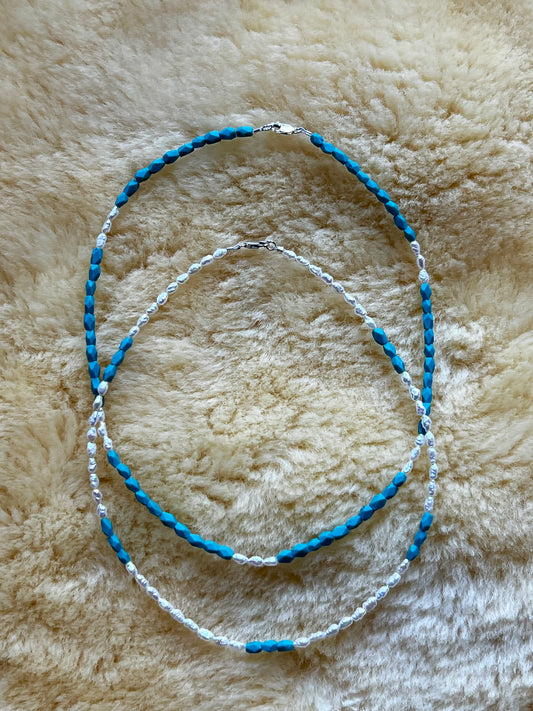 Faceted Blue Afghan Turquoise/Freshwater Pearl Choker (w/Pattern)