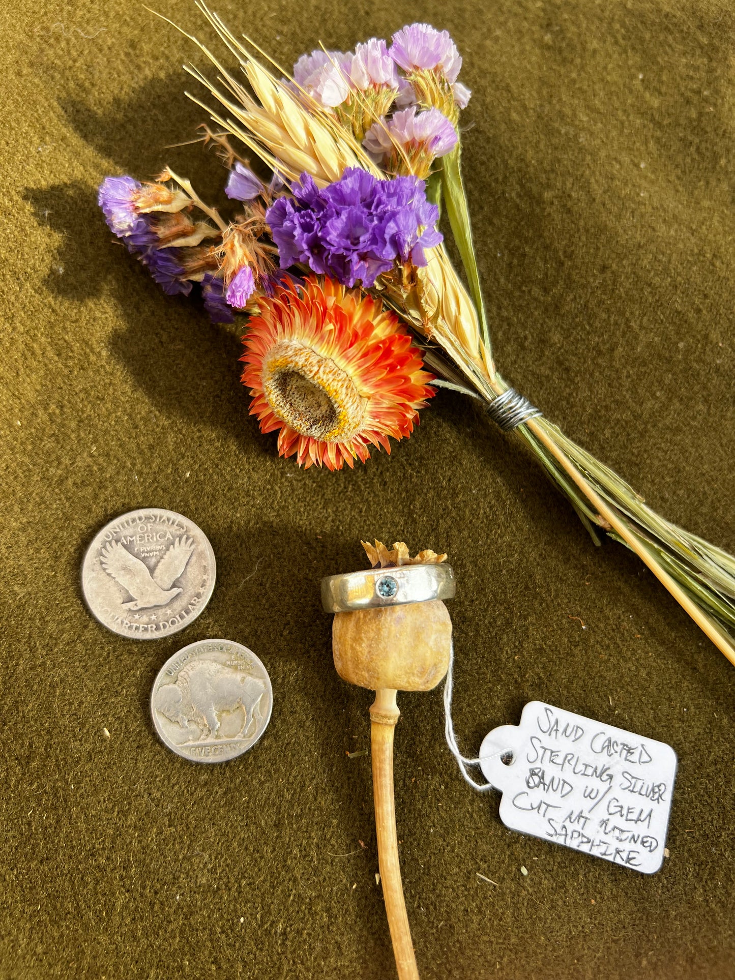 Sand casted band w/Montana Sapphire Sz 8-1/2