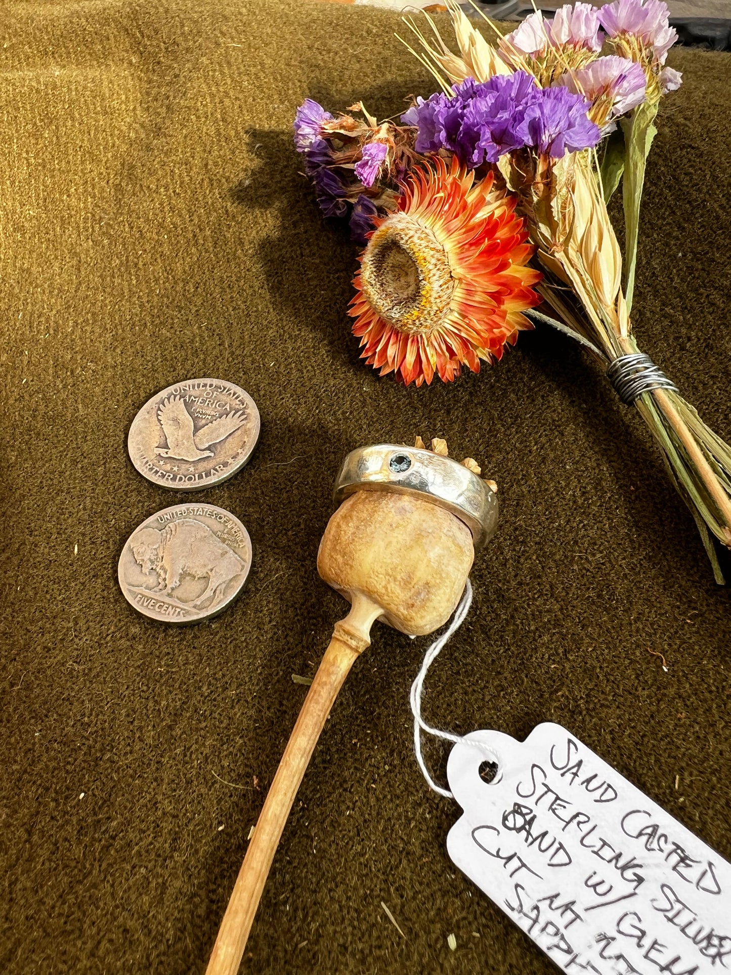 Sand casted band w/Montana Sapphire Sz 8-1/2