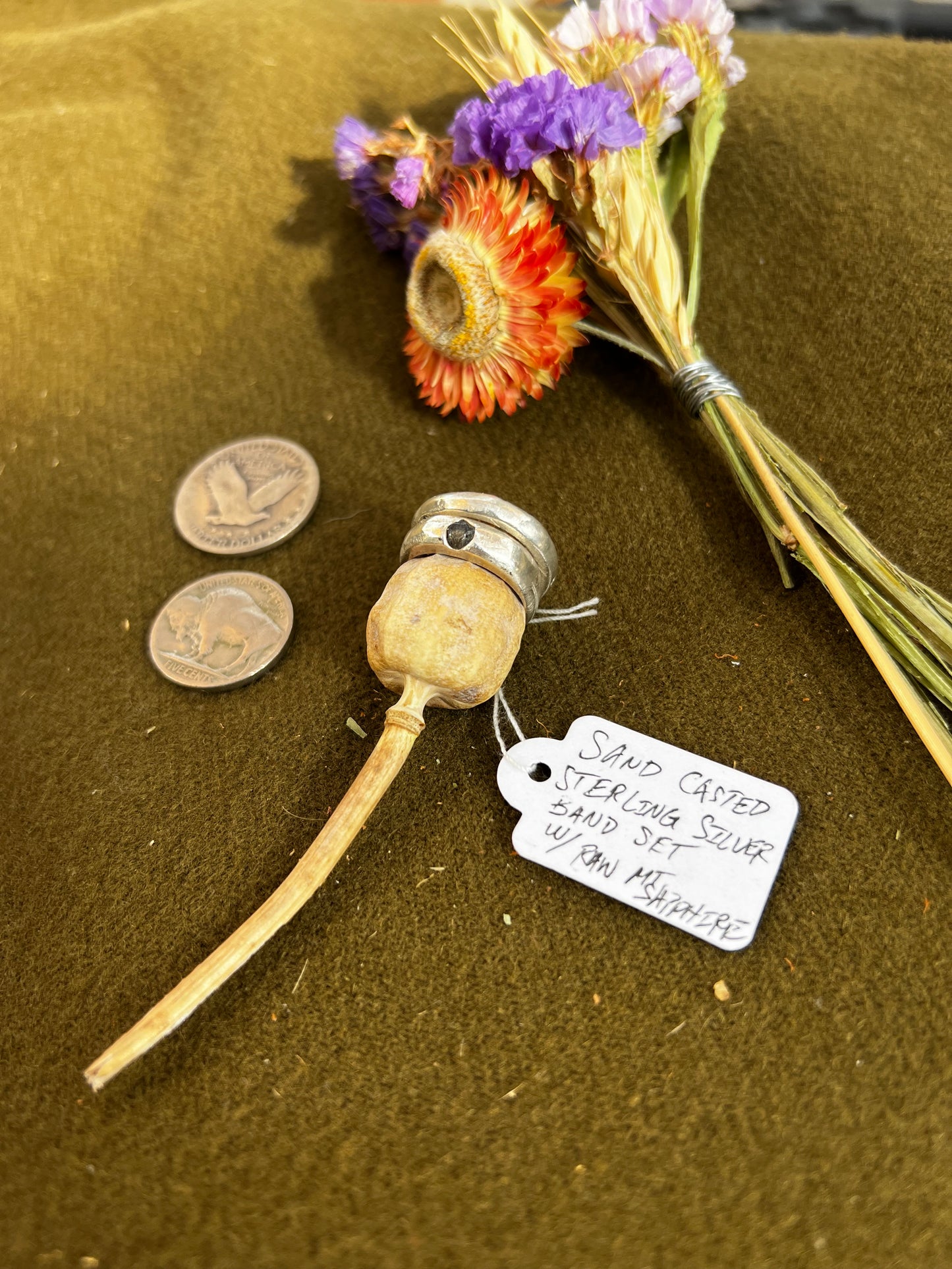 Sand casted band set w/ raw mt sapphire Sz 6-1/4