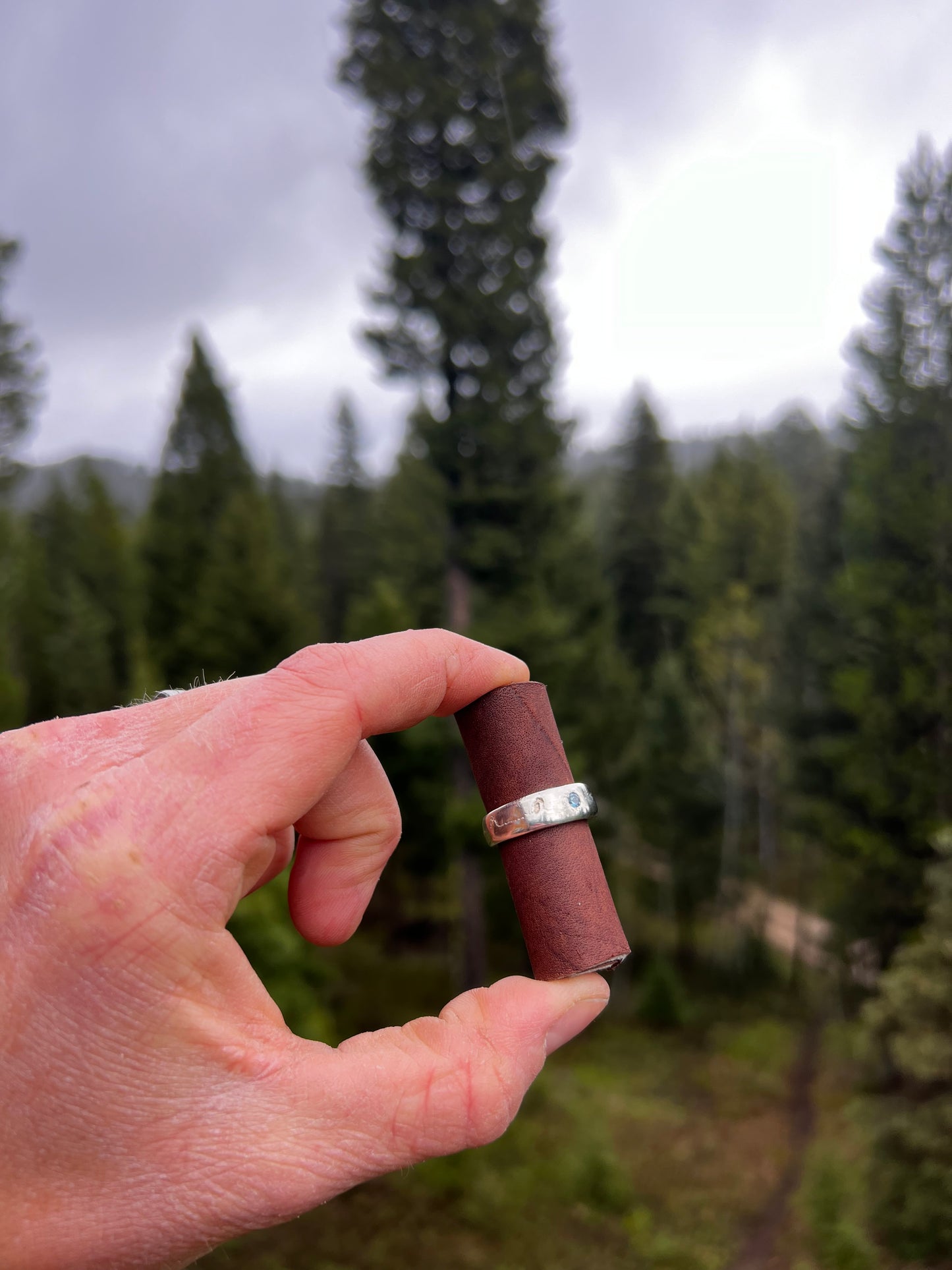 Sand Casted Band w/ Montana Sapphire. size 7-3/4