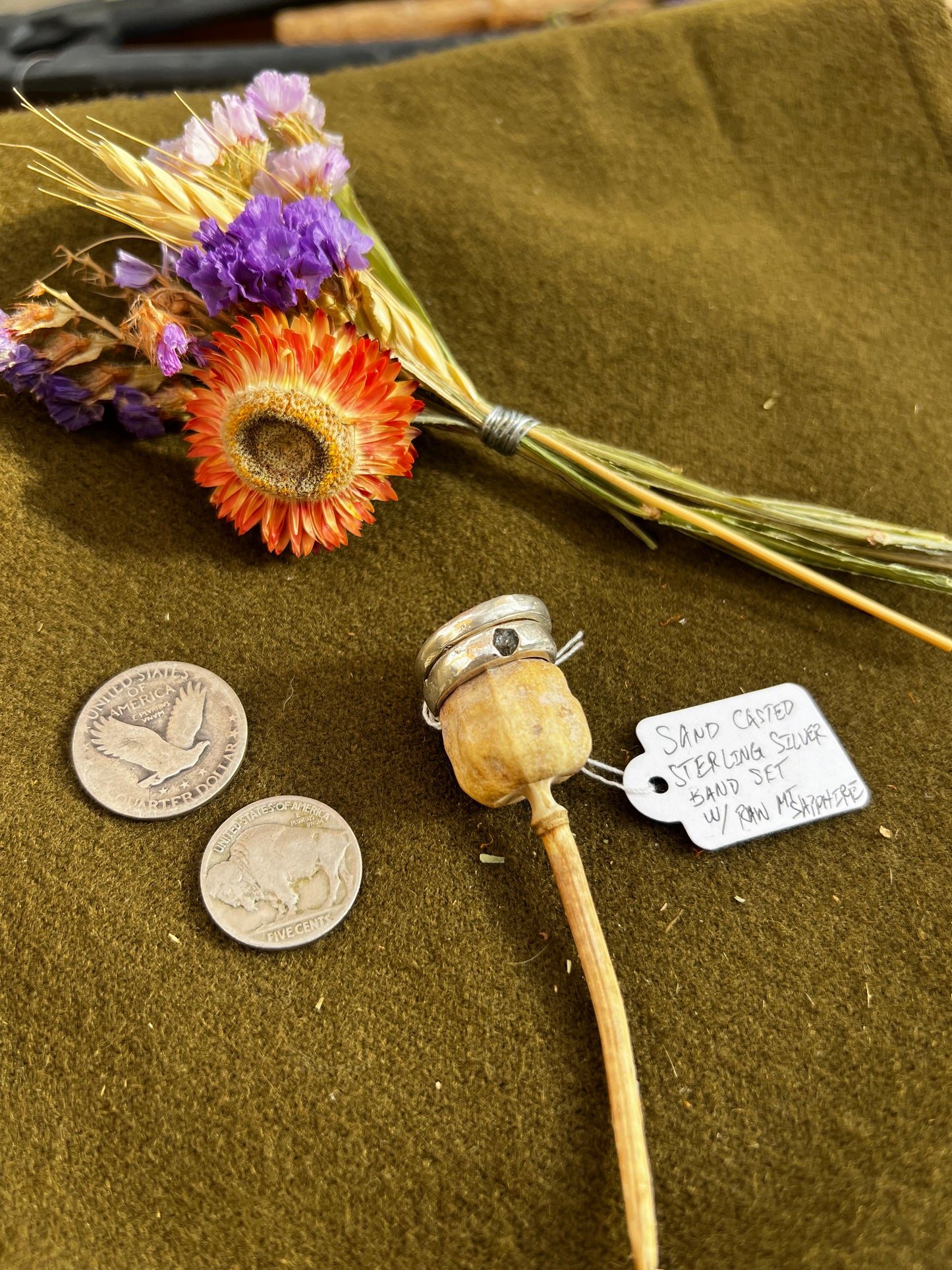 Sand casted band set w/ raw mt sapphire Sz 6-1/4